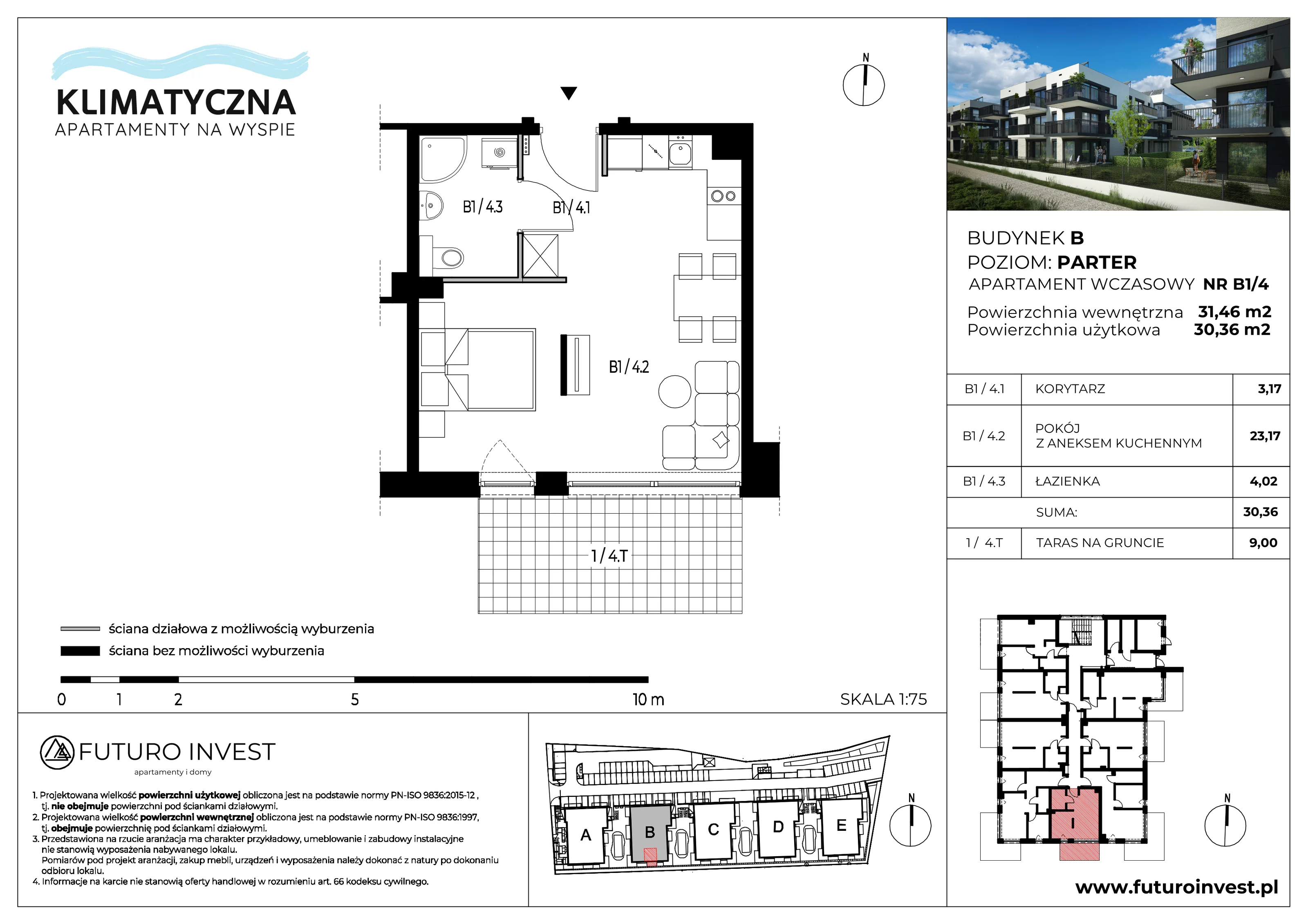 2 pokoje, apartament 30,36 m², parter, oferta nr B1/4, Apartamenty Klimatyczna, Gdańsk, Wyspa Sobieszewska, ul. Klimatyczna 88
